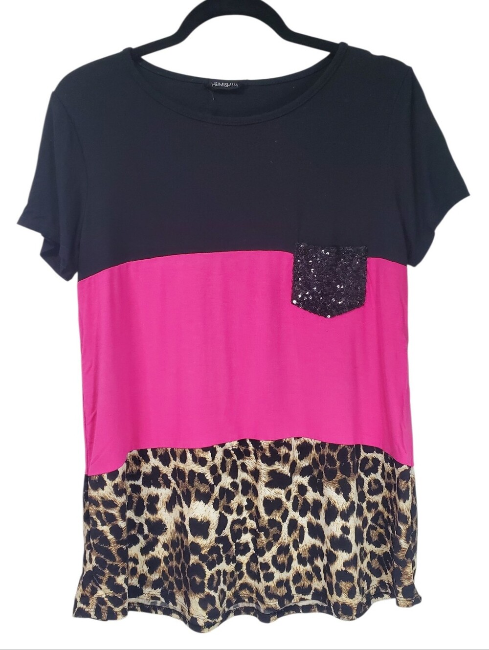 Heimish Colorblock Cheetah Leopard Print Super Stretchy Blouse Glitter Pocket M